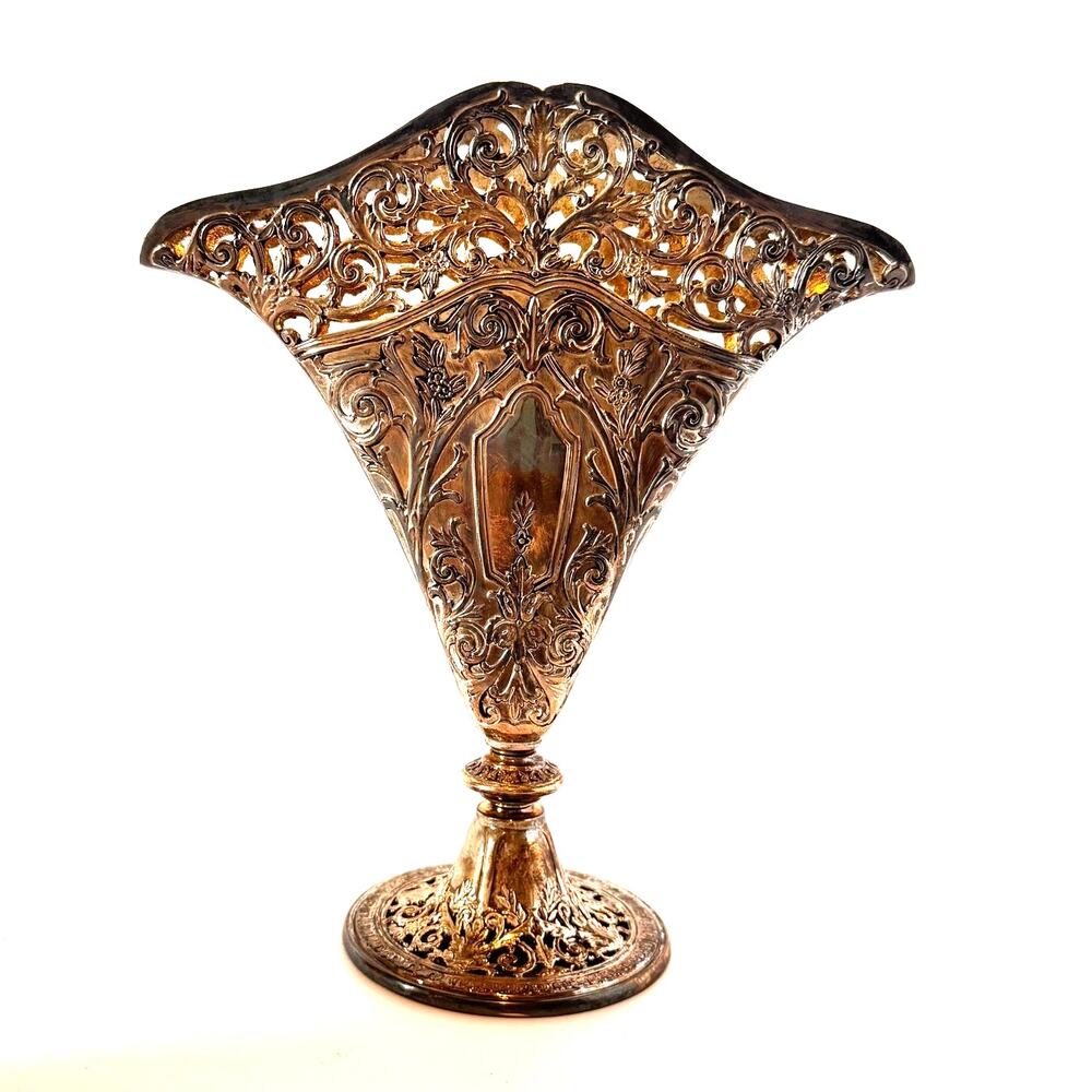 Godinger Silver Art Co 9.5" x 8" Victorian Art Deco Filigree Fan Vase 1991
